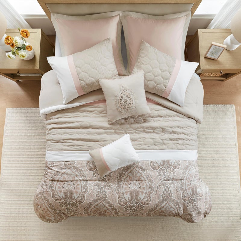 510 DESIGN Luxe Quilted Comforter Set Modern Transitional Design, All Season Down Alternative Warm Bedding Matching Shams, Bedskirt, Decorative Pillow, King, Shawnee Scrollwork Blush - Image 2